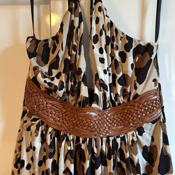 Sky Brown and Black Ruched Halter Too with leather braided detail, SzMed - Picture 2 of 7